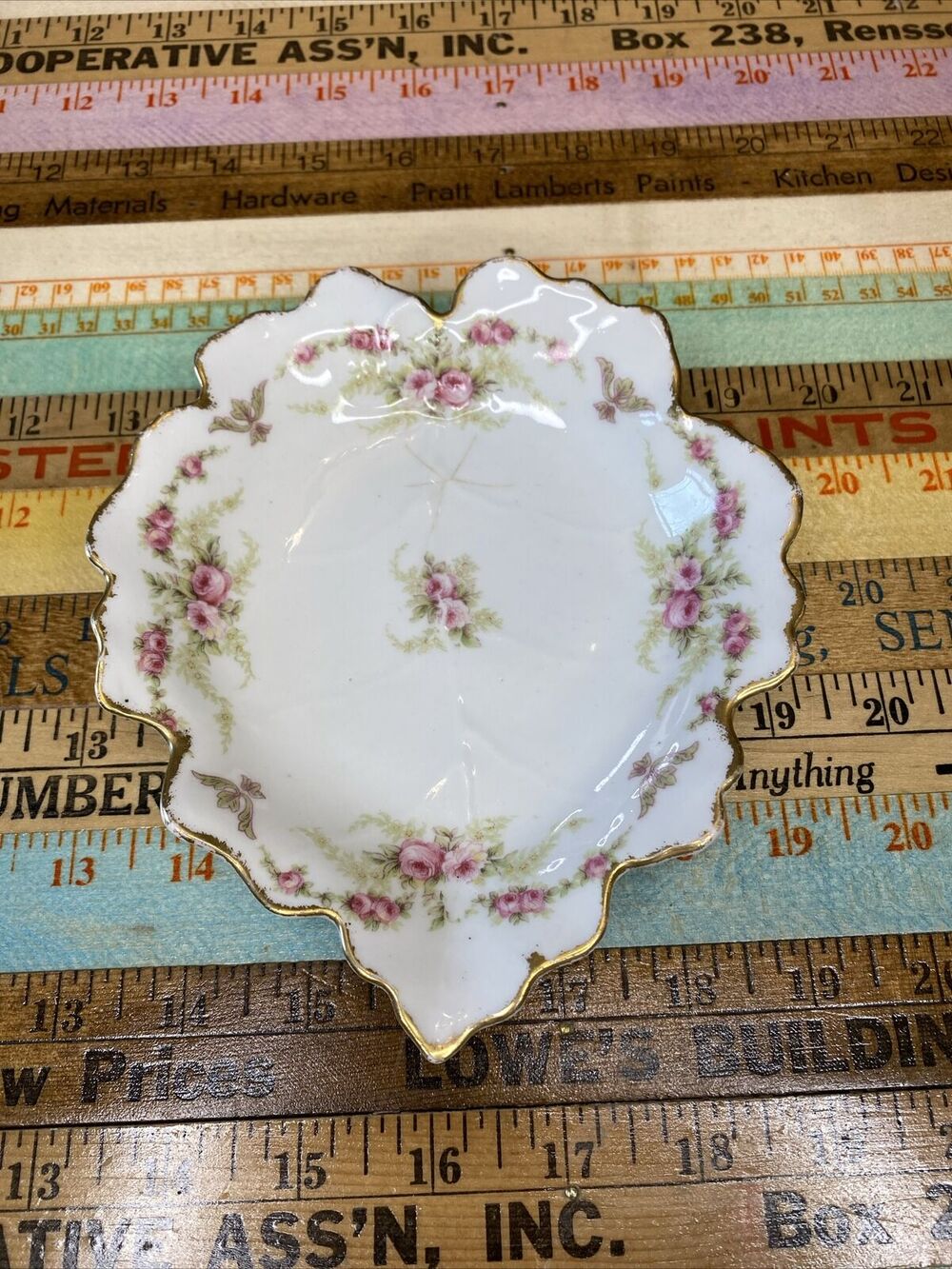 Elite Porcelain Leaf Shaped Floral Dish with Gold Rim Limoges France